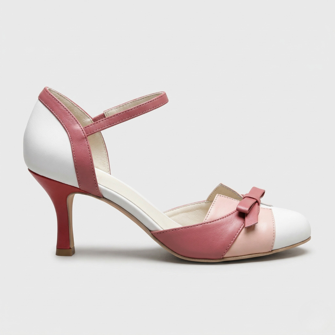Round Toe Ankle Strap Bow Stiletto Heel Pumps