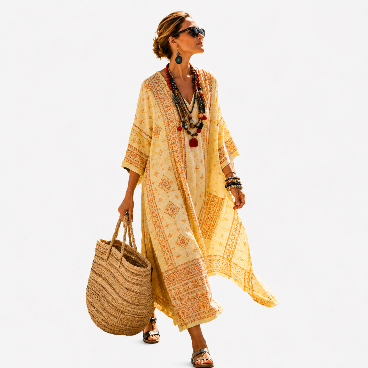 Bohemian Print V-Neck Half Sleeve Kaftan Maxi Dress