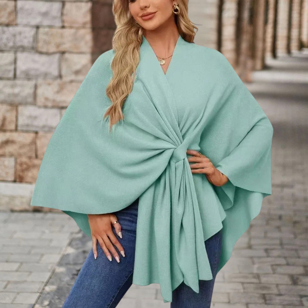 Twist Front Batwing Sleeve Knit Poncho
