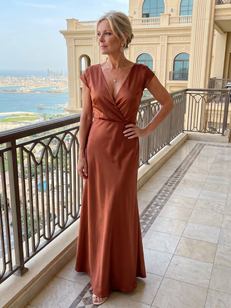 Surplice V-Neck Cap Sleeve Satin Maxi Gown