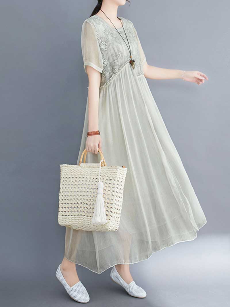 Lace Bodice Sheer Overlay Empire Waist Handkerchief Hem Midi Dress