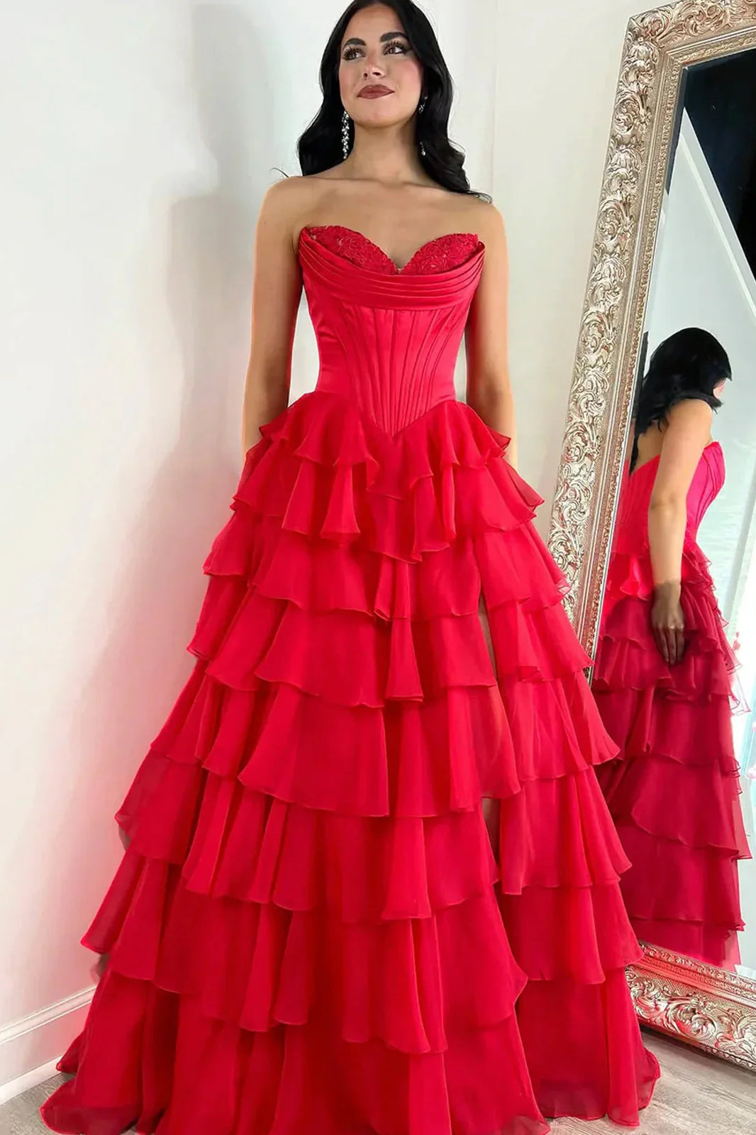 Lovely Yellow A-Line Sweetheart Long Tiered Prom Dress with Slit