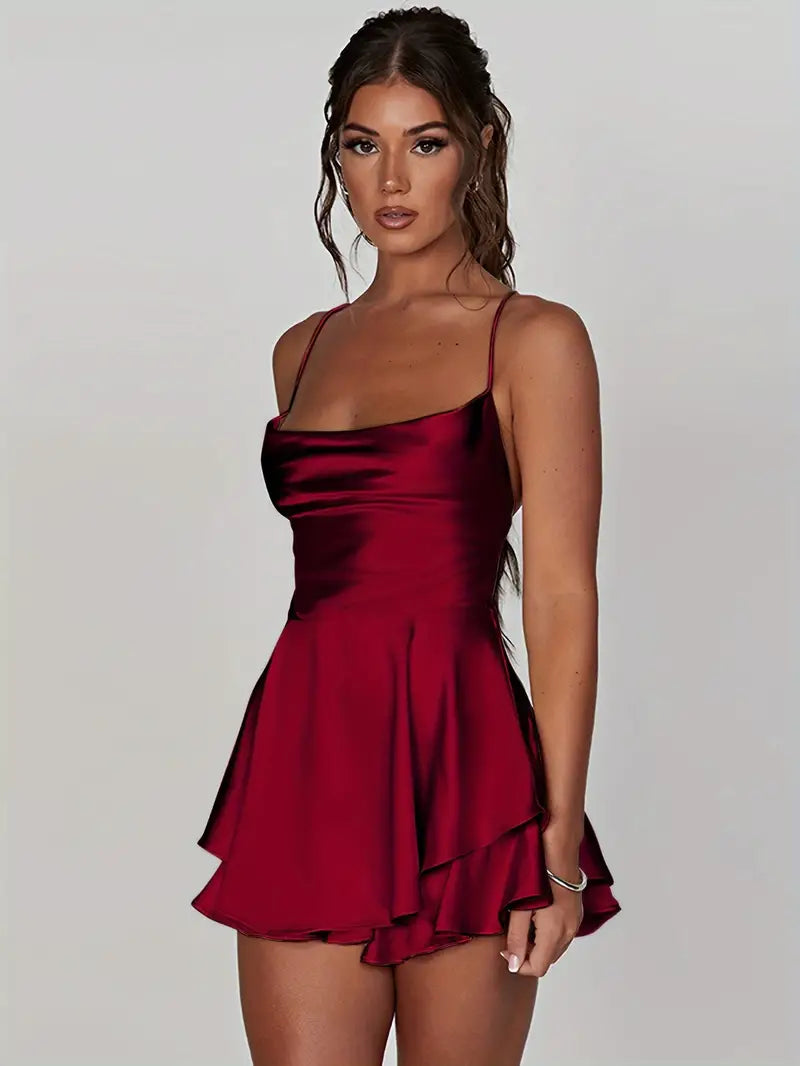 Satin Square Neck Spaghetti Strap Tiered Ruffle Hem Fit and Flare Cocktail Mini Dress