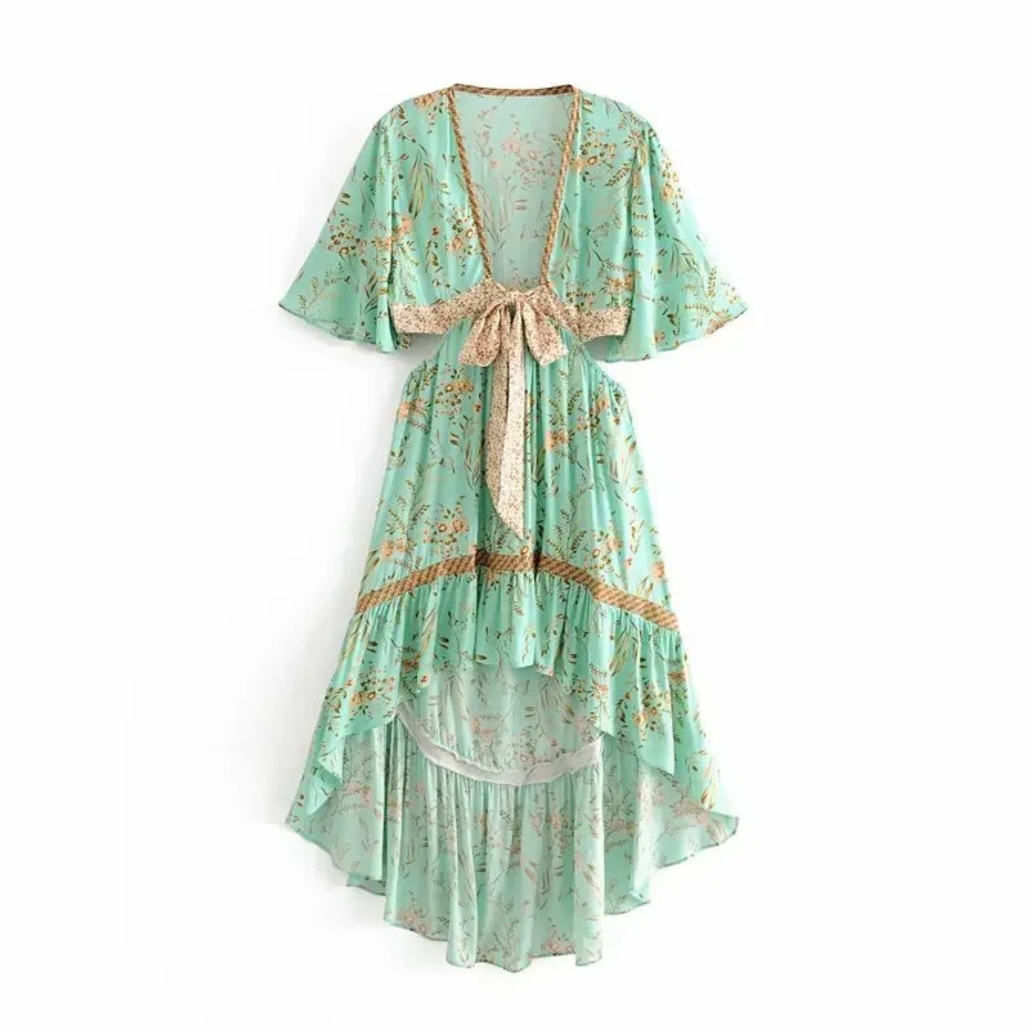 Floral Print Deep V-Neck Tie Front Flutter Sleeve Tiered High Low Midi Dress