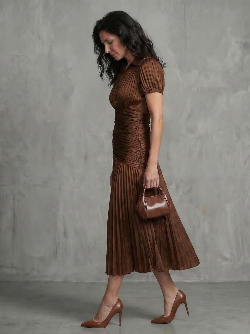 Collared V-Neck Short Sleeve Ruched Pleated Striped Midi Dress 10