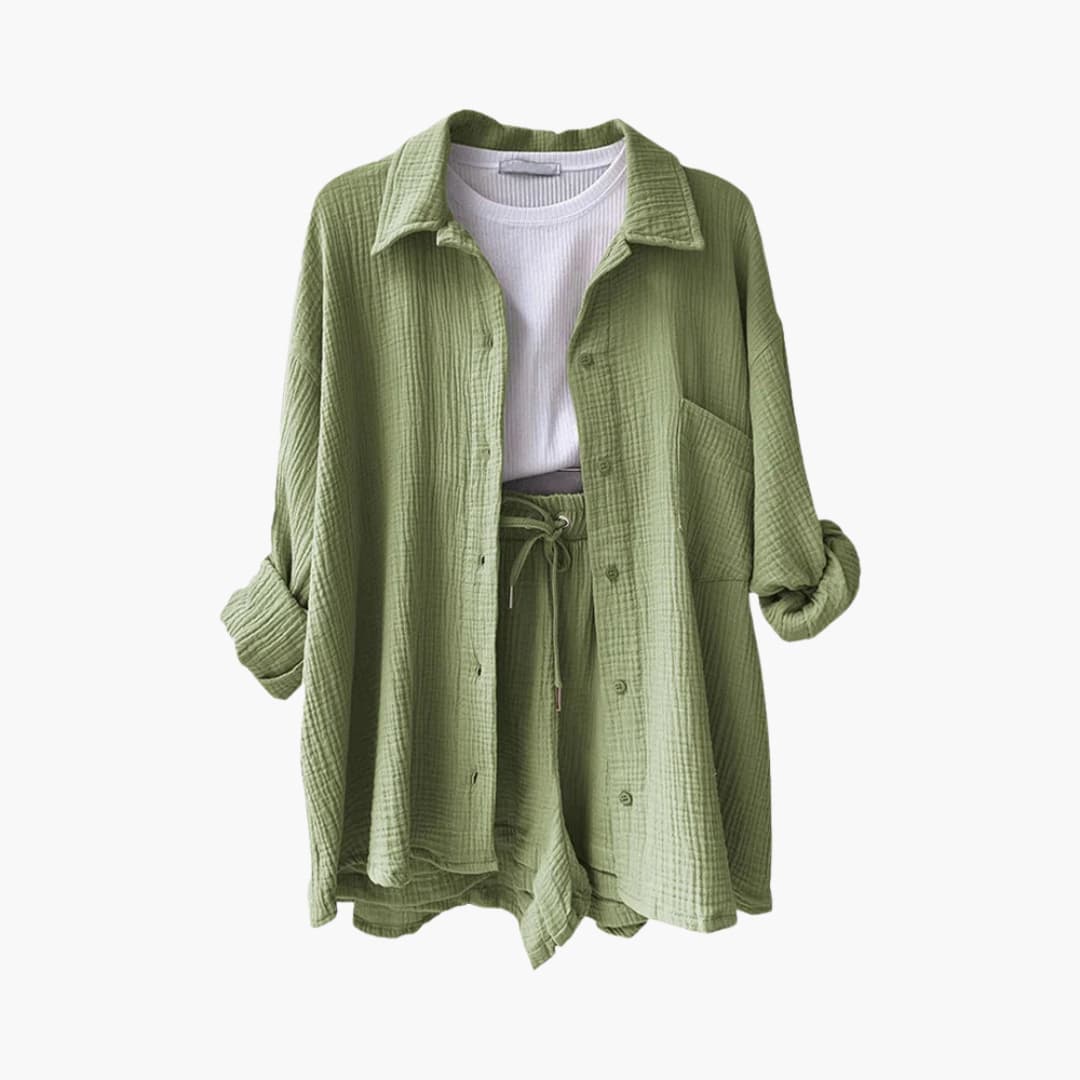 Button Front Shirt and Drawstring Shorts Two Piece Set