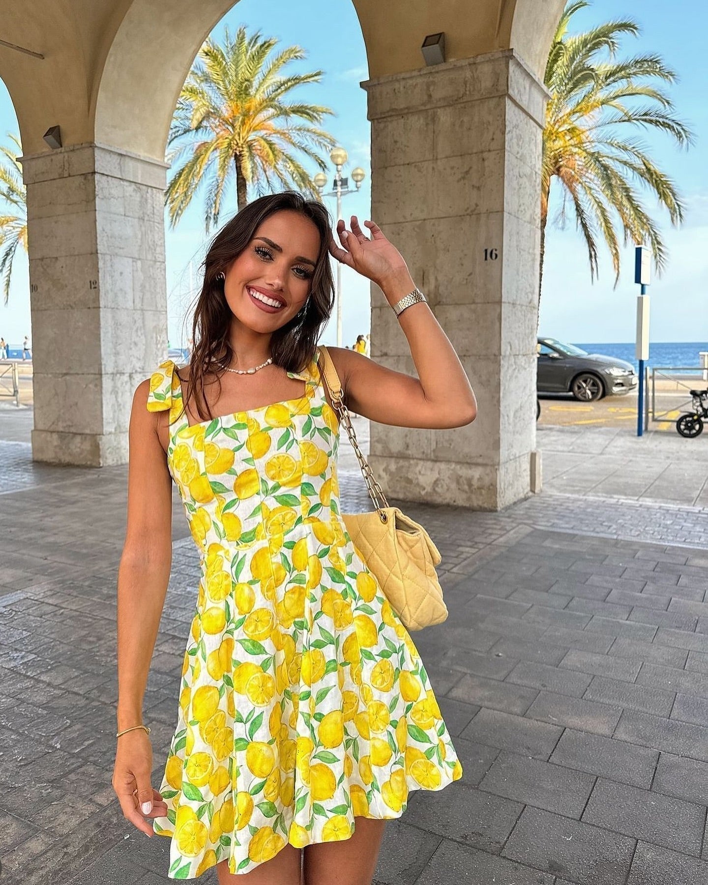 Lemon Print Square Neck Tie Strap Fit and Flare Summer Mini Dress