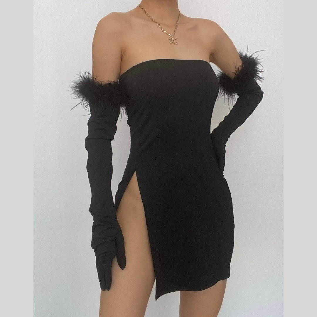 Strapless High Split Tube Mini Dress with Feather Trim Gloves 2
