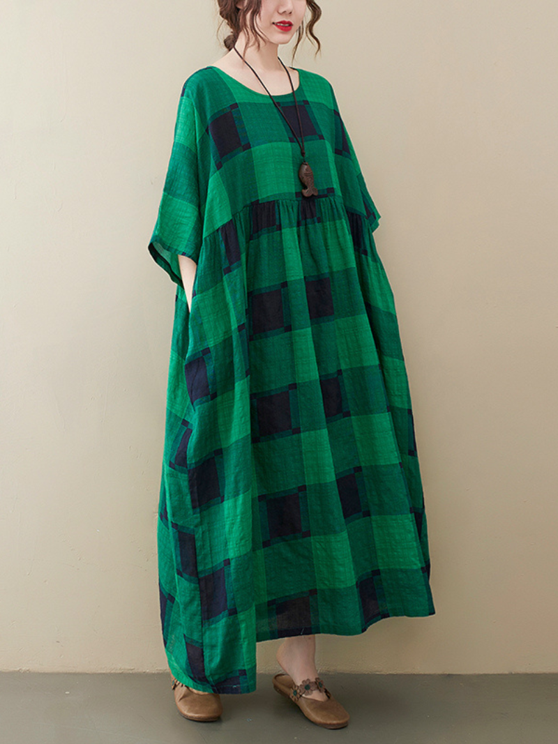 Plaid Round Neck Short Sleeve Oversized Smock Maxi Dress