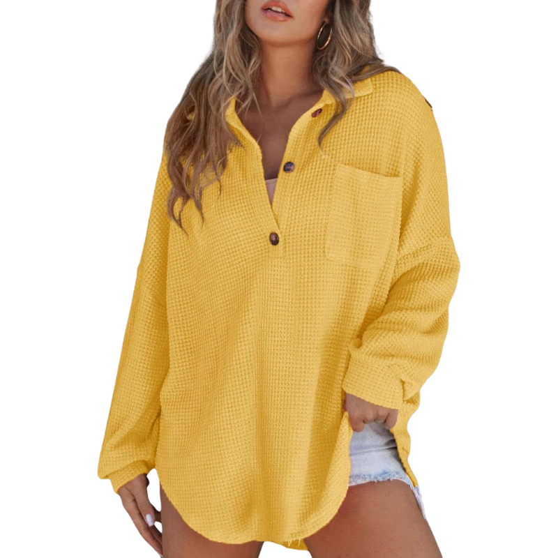 Waffle Knit Collared Button Long Sleeve Top