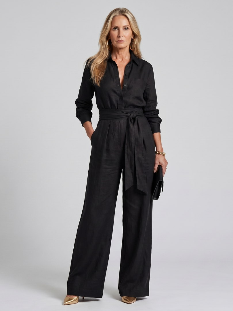 Collared Long Sleeve Belted Wide Leg Jumpsuit