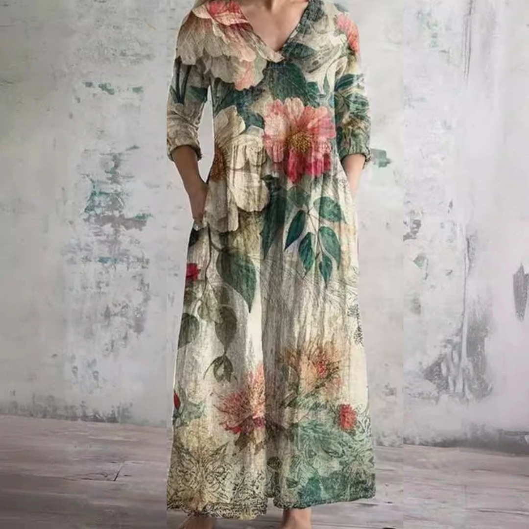 Floral Print Collared Three Quarter Sleeve Pocket Maxi Dress
