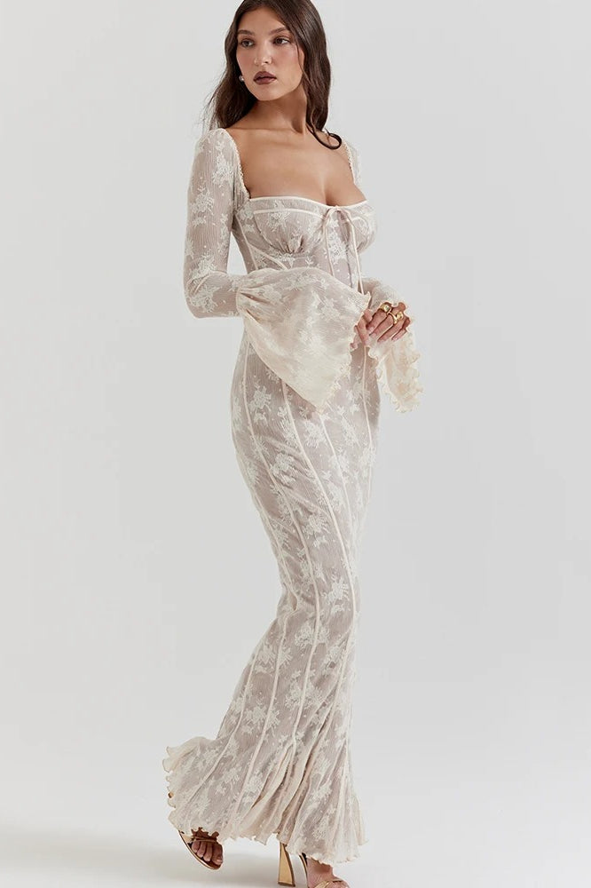 Square Collar Extended Sleeve Maxi Dress