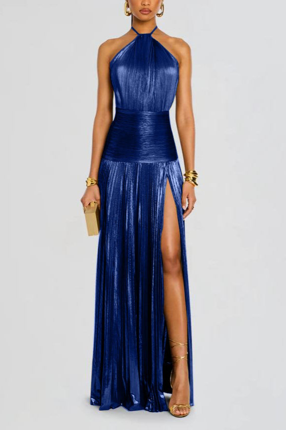 Metallic Halter Neck Pleated High Split Maxi Dress