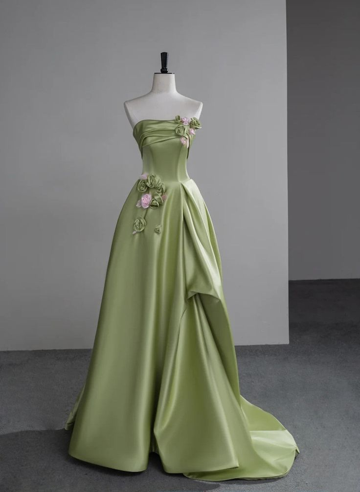 Elegant Green Satin Party Dress With Flowers, Green Long Prom Dress cc1442