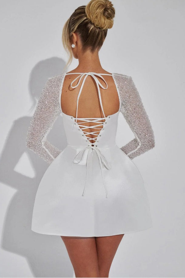 Square Neck Beaded Mesh Long Sleeve Satin Bubble Mini Dress 4