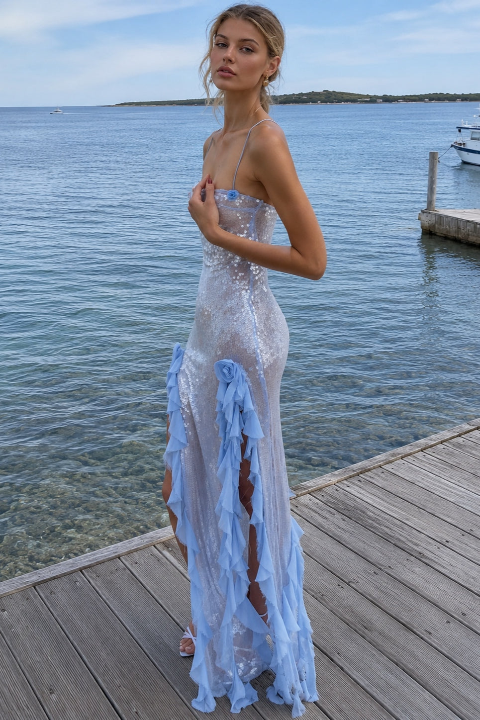 Sheer Sequin Ruffle 3D Floral Fringe Slip Dress