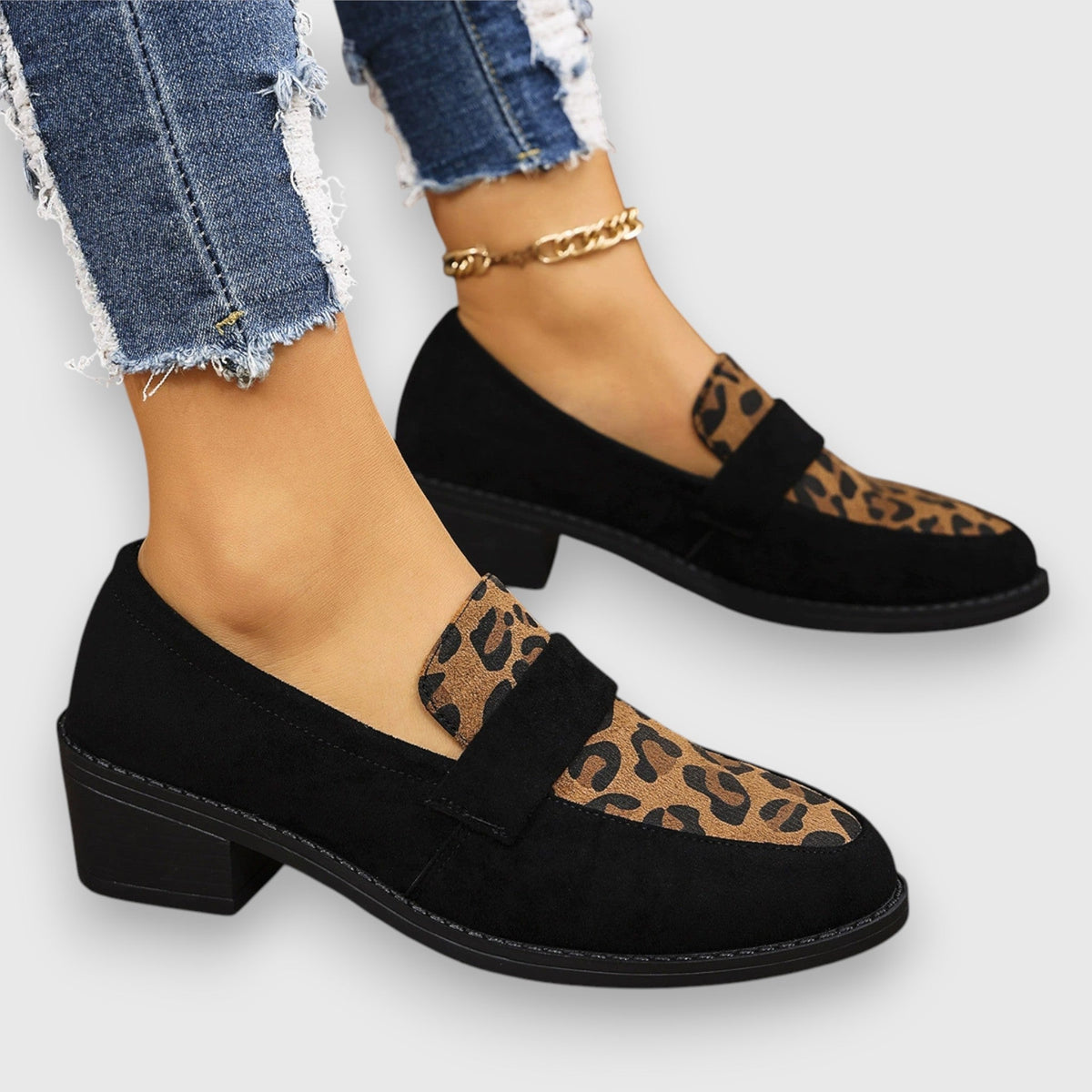 Leopard Print Suede Look Round Toe Block Heel Loafers