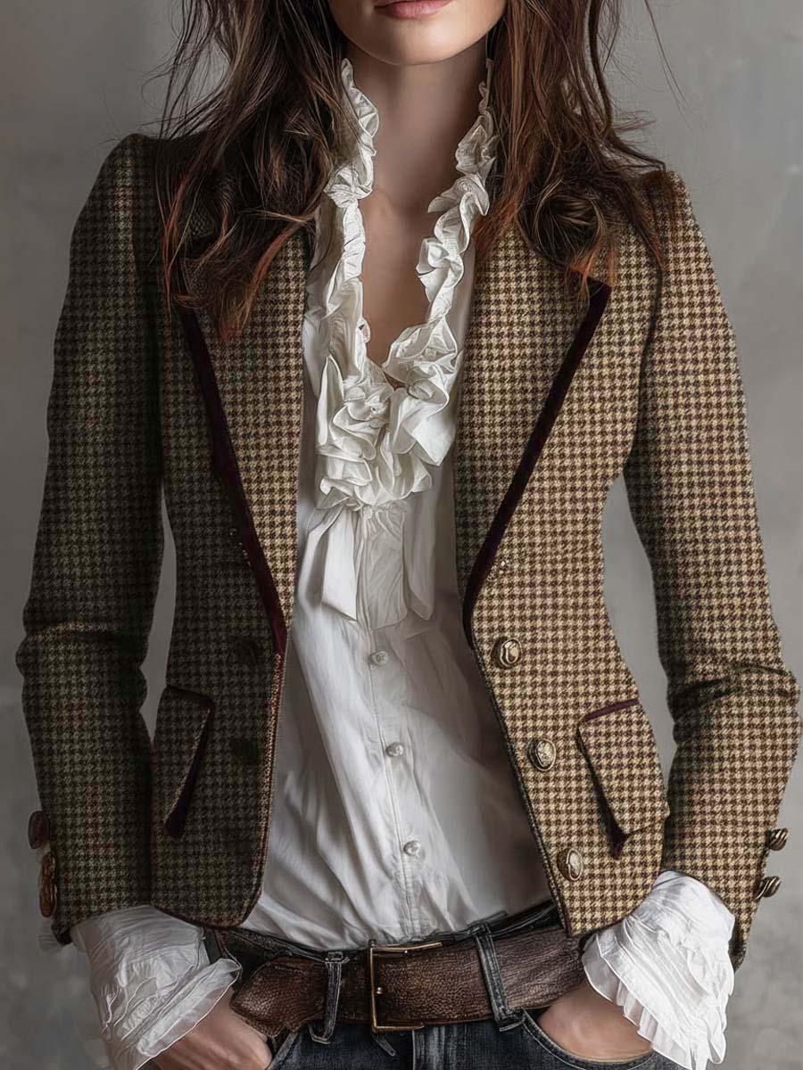 Houndstooth Notch Lapel Tweed Blazer