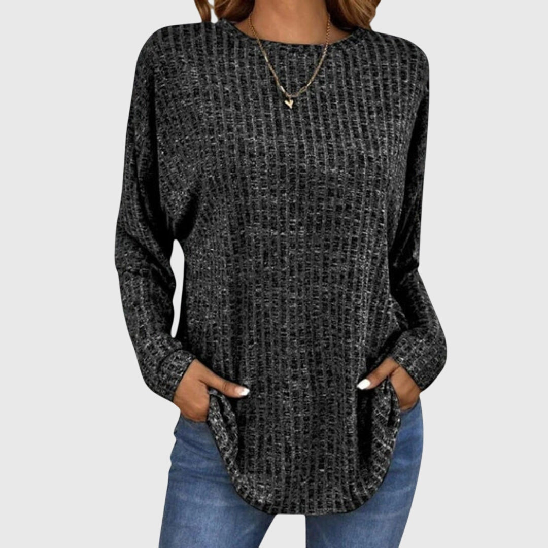 Crew Neck Long Sleeve Ribbed Knit Curved Hem Top