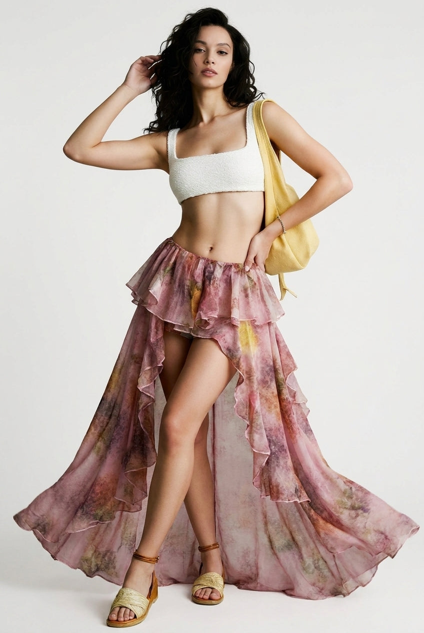Floral Print Ruffle Irregular Vacation Skirt