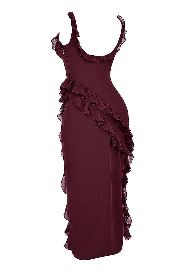 Square Neck Ruffle Strap High Split Asymmetrical Cascade Maxi Dress