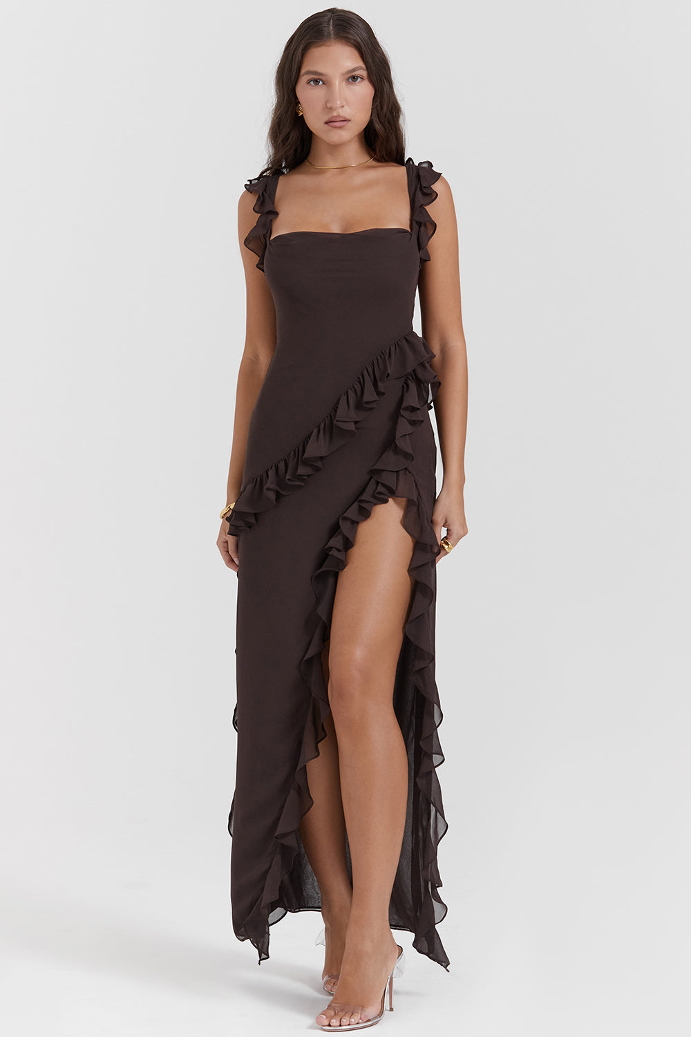 Chiffon Square Neck Ruffle Strap High Split Maxi Gown