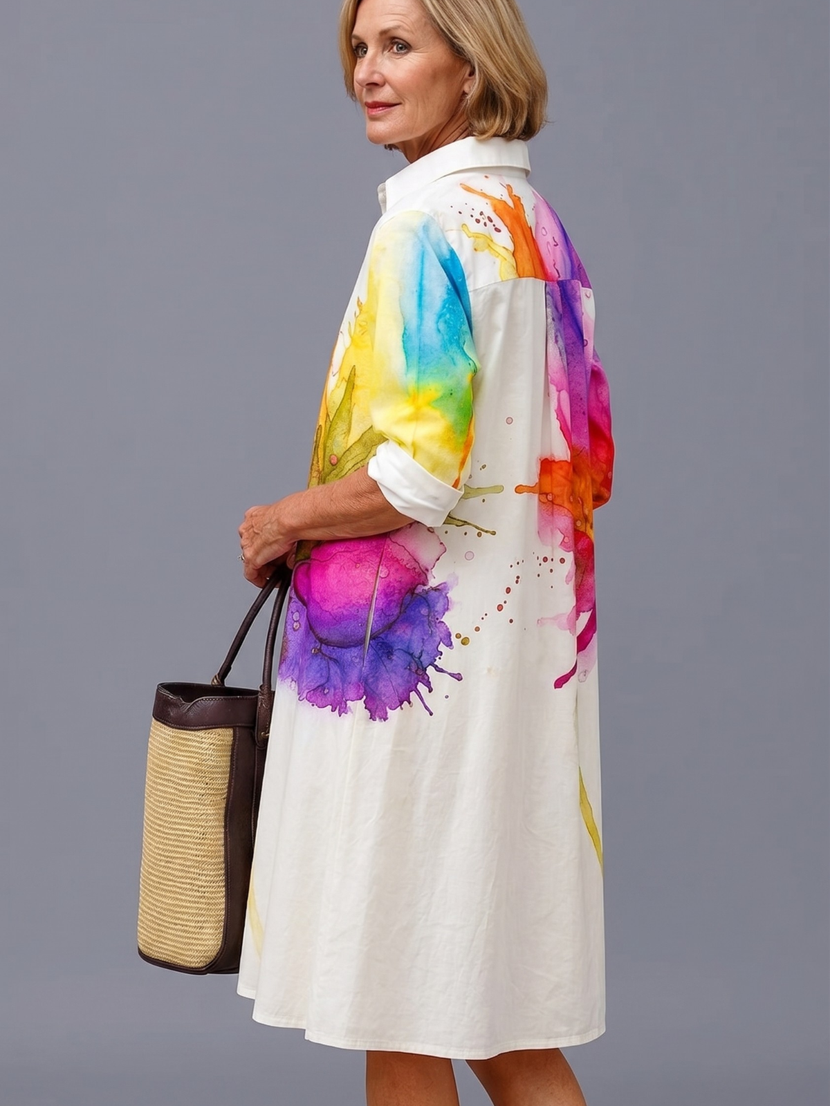 Watercolor Floral Print Button Front Midi Shirt Dress