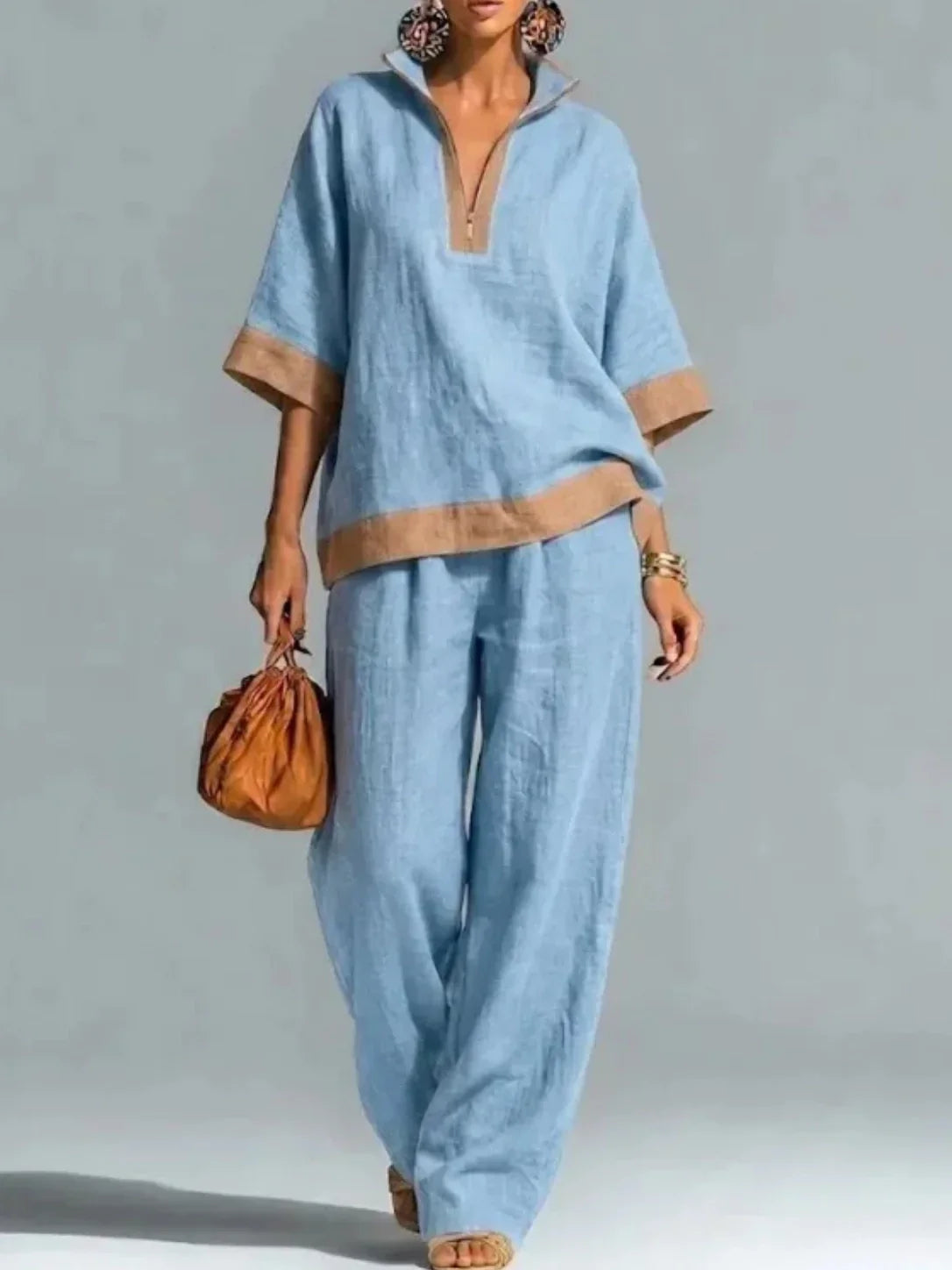 Quarter Zip Collared Contrast Trim Top and Wide Leg Pants Two Piece Set