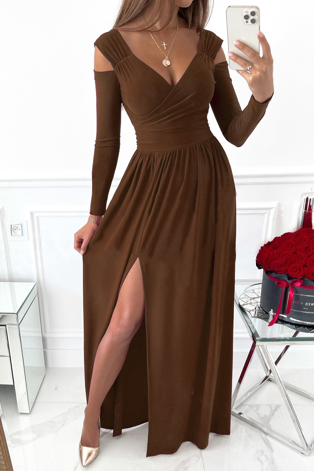 Surplice V-Neck Cold Shoulder Long Sleeve High Split Maxi Dress 7
