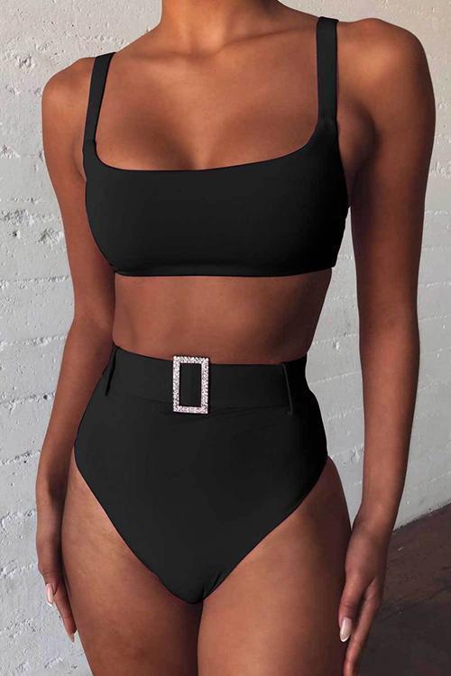 Solid High Waist Bikini Set With Belt