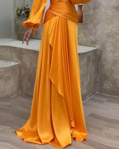 Deep V-Neck Bishop Sleeve Ruched Drape Panel Wrap Maxi Gown