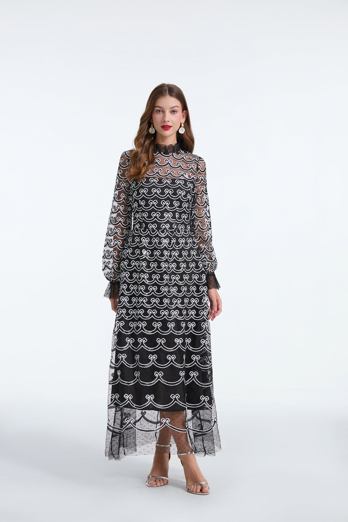 Embroidered Mesh High Neck Long Sleeve A-Line Midi Dress