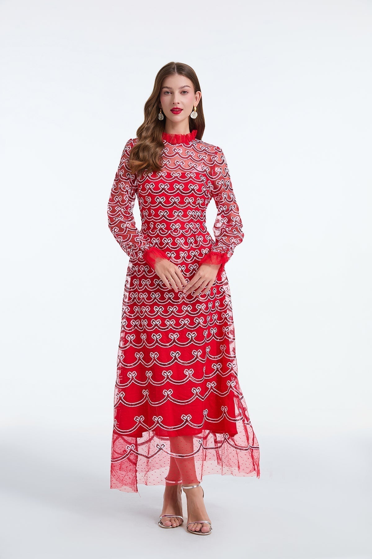 Embroidered Mesh High Neck Long Sleeve A-Line Midi Dress