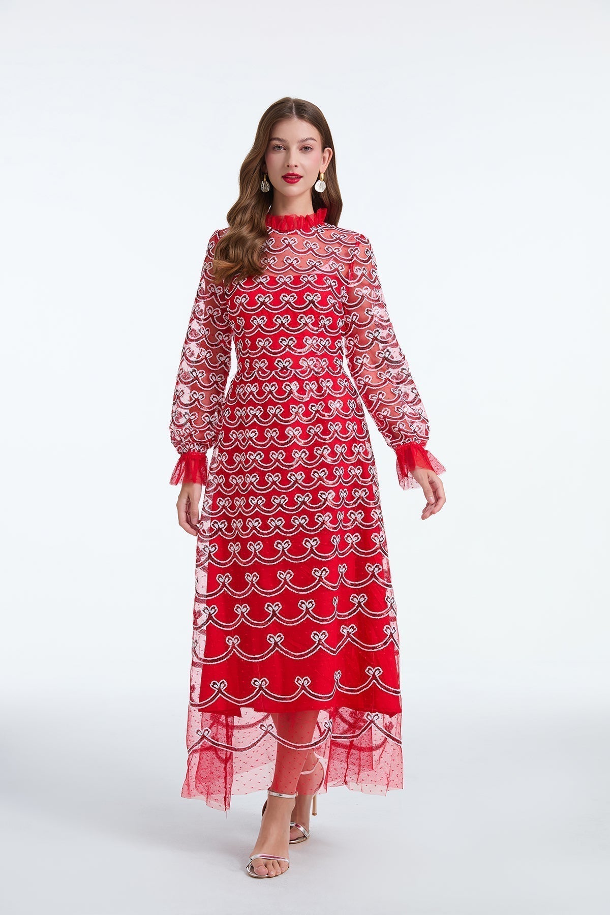 Embroidered Mesh High Neck Long Sleeve A-Line Midi Dress