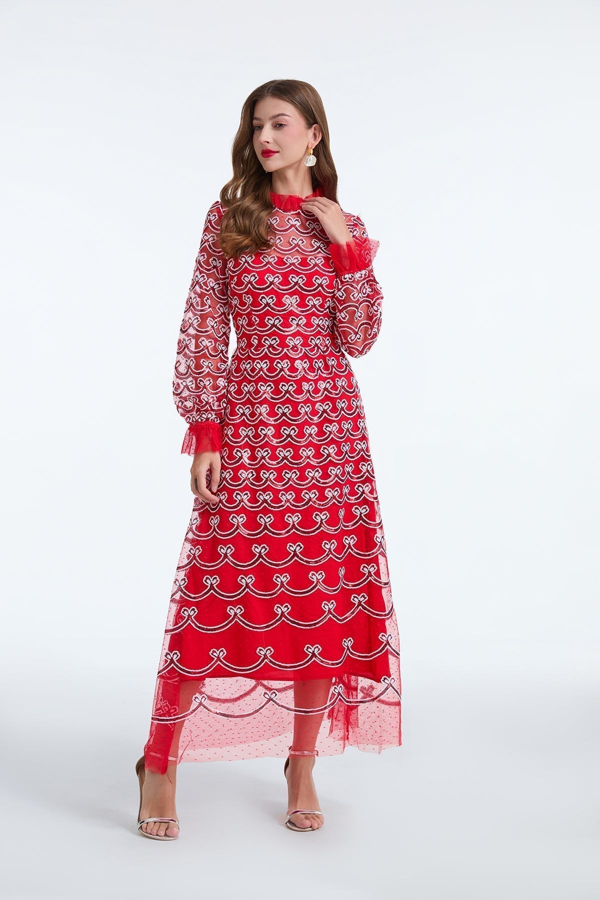 Embroidered Mesh High Neck Long Sleeve A-Line Midi Dress