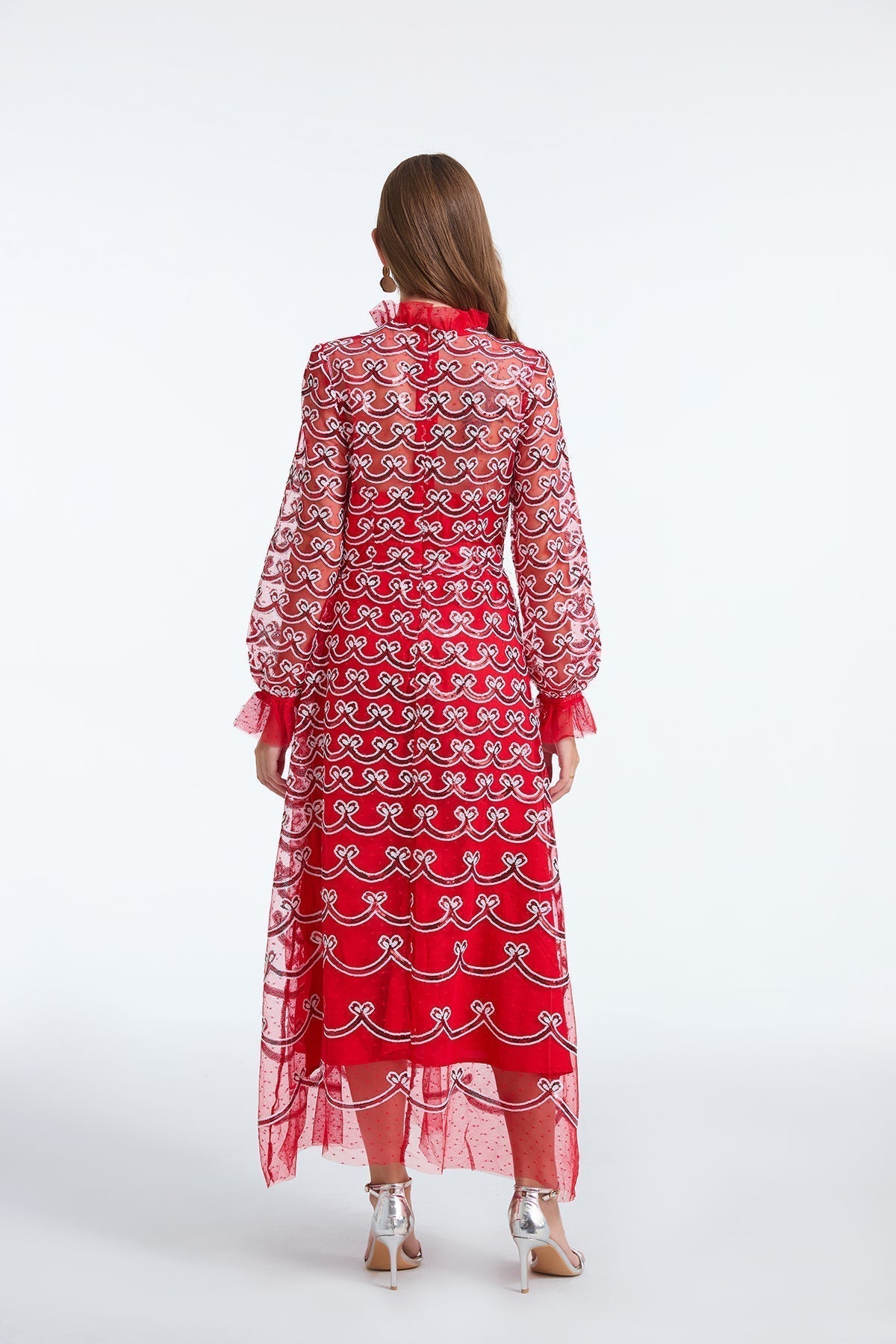Embroidered Mesh High Neck Long Sleeve A-Line Midi Dress