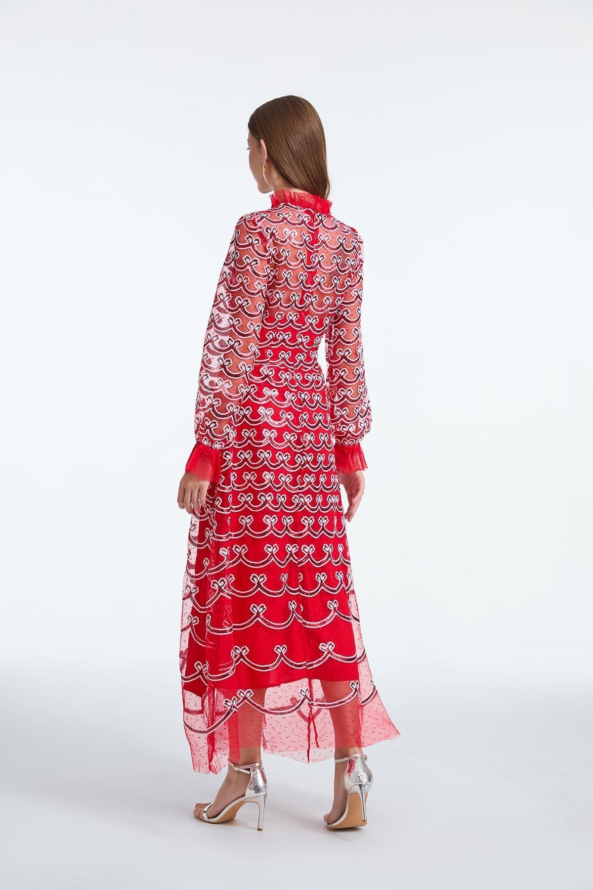 Embroidered Mesh High Neck Long Sleeve A-Line Midi Dress
