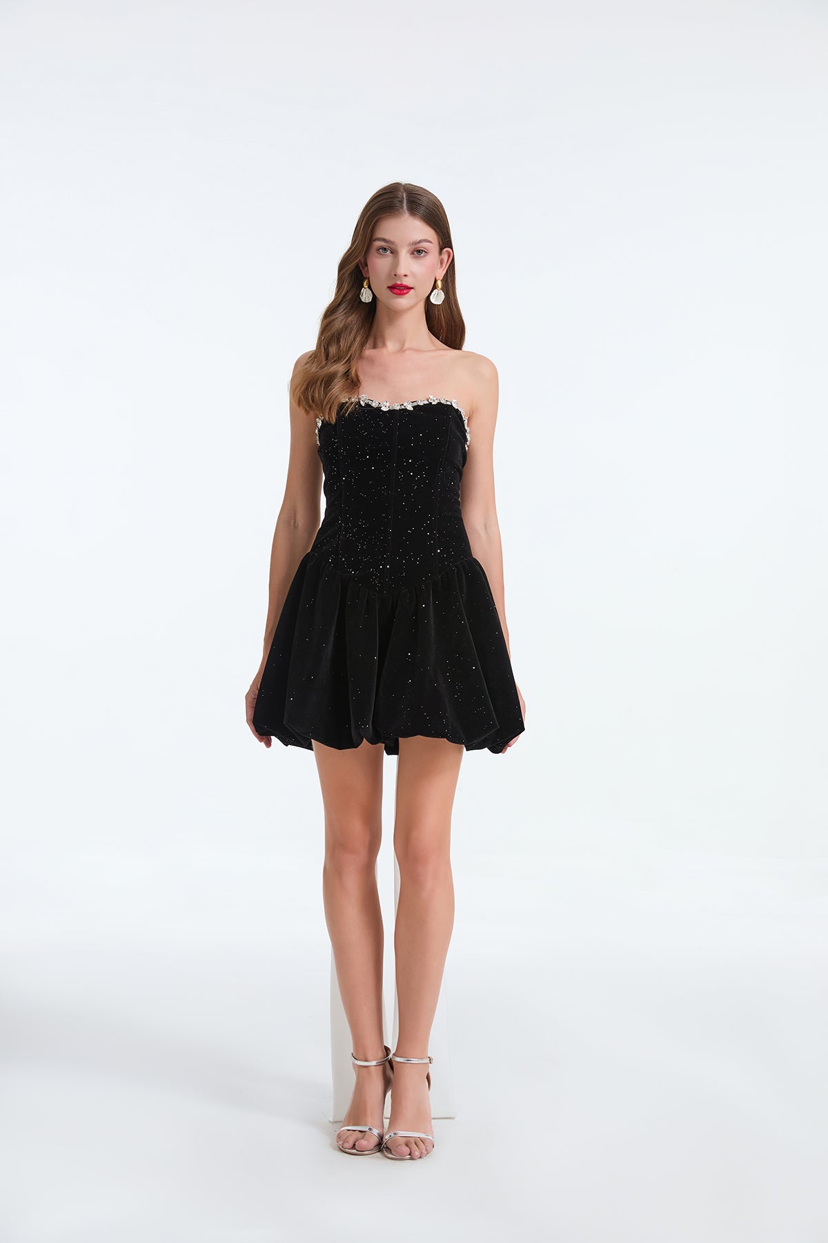 Glitter Strapless Sweetheart Corset Bubble Hem Mini Dress
