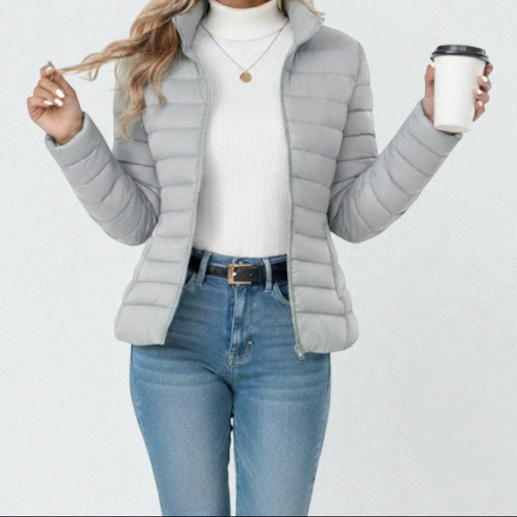 Stand Collar Zip Front Lightweight Quilted Puffer Jacket