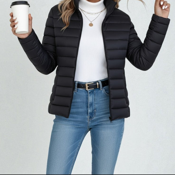 Stand Collar Zip Front Lightweight Quilted Puffer Jacket