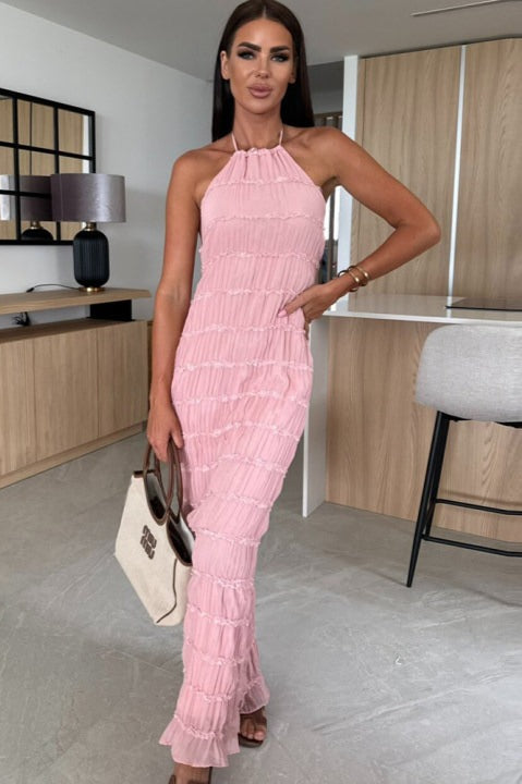 Backless Edition Ruched Striped Tie Ruffled Maxi Boho Dress
