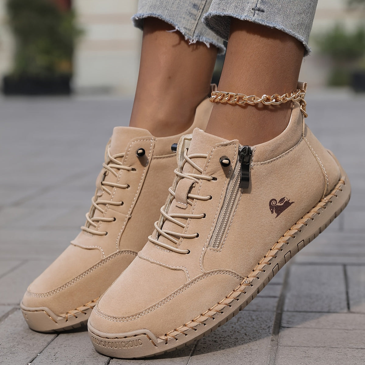Lace Up Side Zip Stitched Ankle Boots