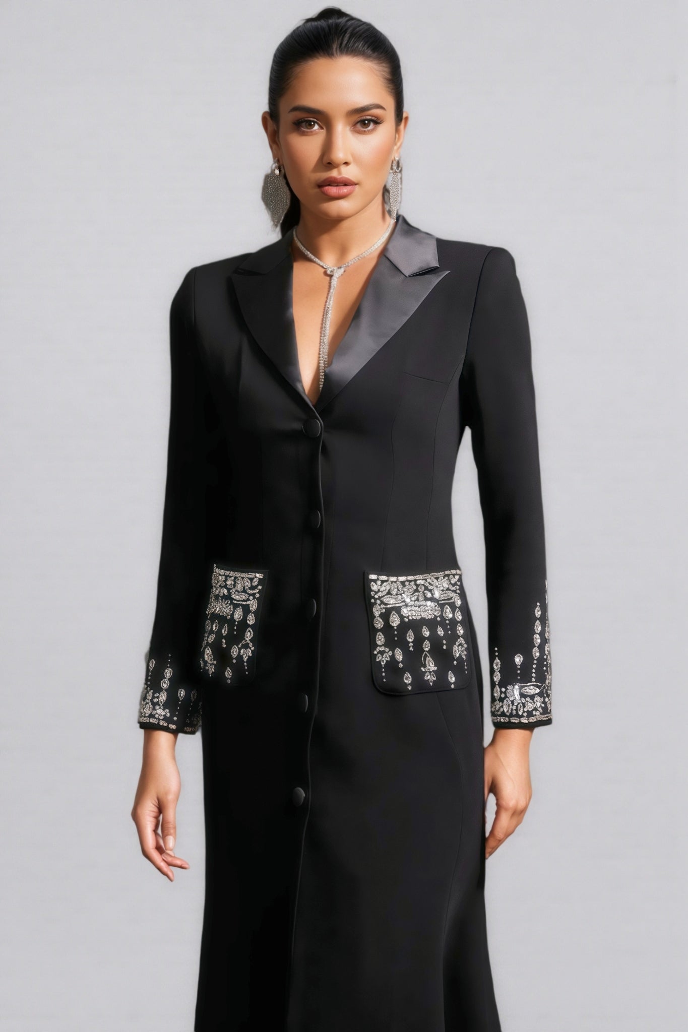 Zeno Deep-V Diamond Suit High Slit Maxi Dress - View 4