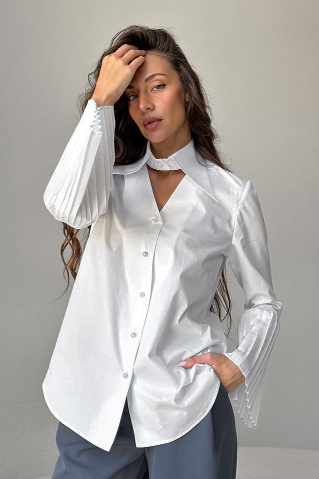 Point Collar Cut Out Neck Pleated Flare Cuff Button Front Shirt 2