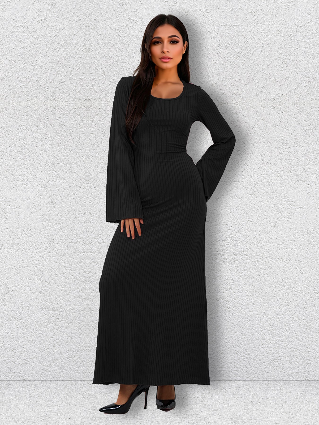 Ribbed Knit Scoop Neck Bell Sleeve Bodycon Maxi Dress