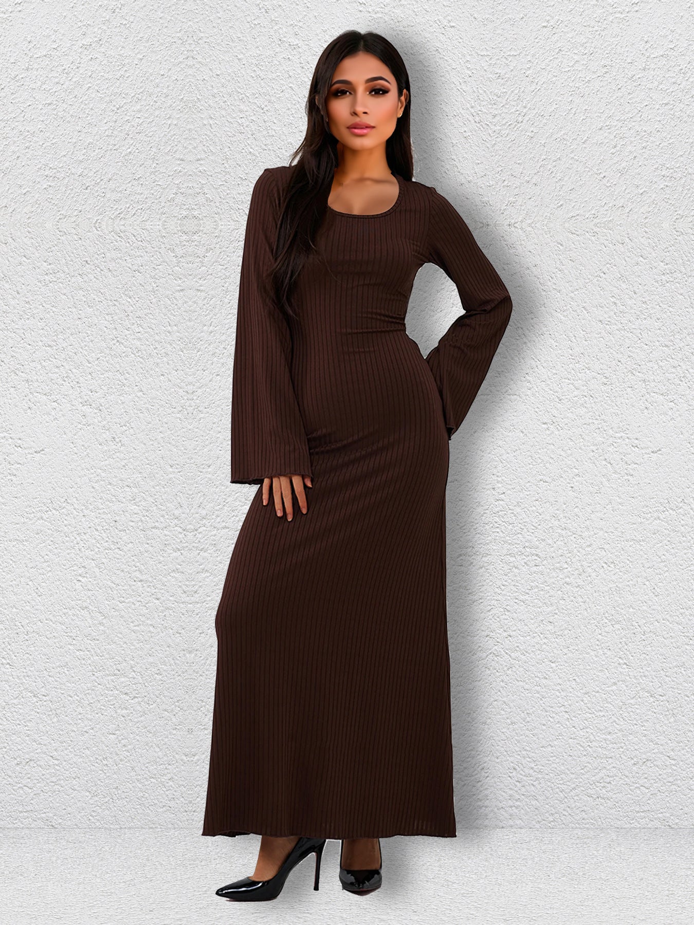 Ribbed Knit Scoop Neck Bell Sleeve Bodycon Maxi Dress