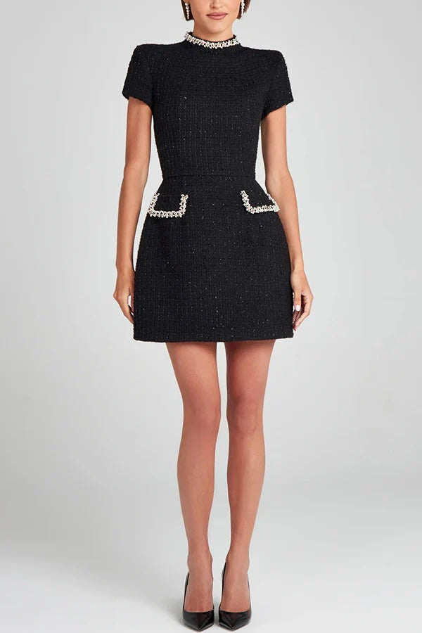 Pearl Trim Short Sleeve Tweed Boucle Mini Dress