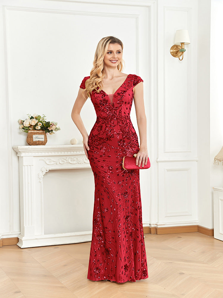 Sequined Champagne Evening Cocktail Slim Fit Fishtail Long Toast Dress