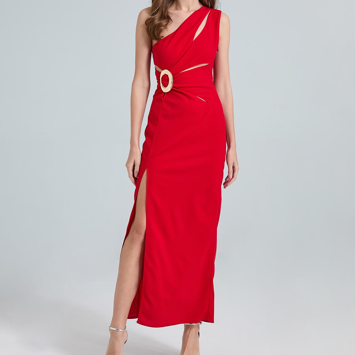 Women Slim Fit Party Dress Slant Shoulder Cutout Metal Waist Buckle Dress